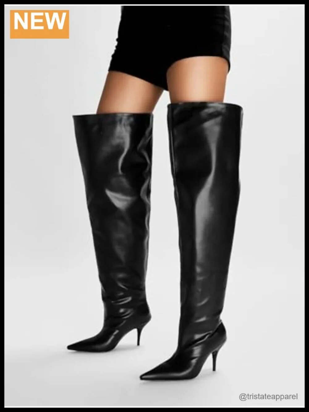 Faux Leather Thigh High Heeled Boots, Wide Calf, Pointed Toe, Pull-On, 3.5